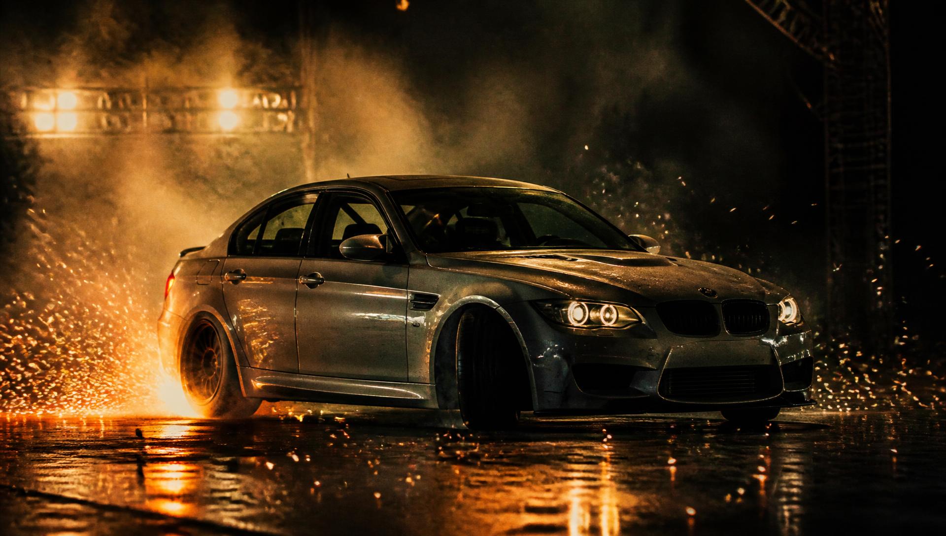 BMW E90 M3 mid power-slide on a film set with sparks and tyre smoke